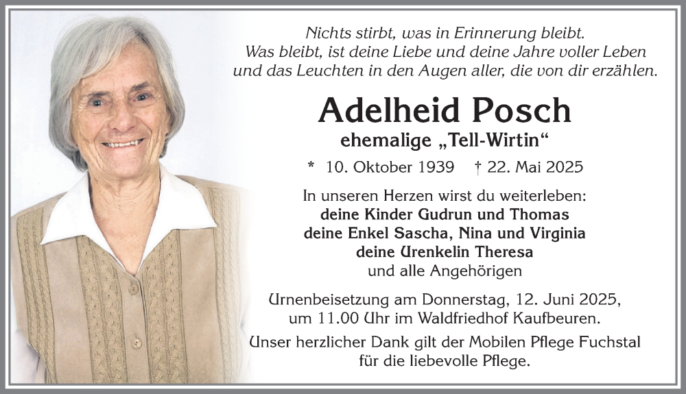Traueranzeige von Adelheid Posch von Allgäuer Zeitung, Kaufbeuren/Buchloe