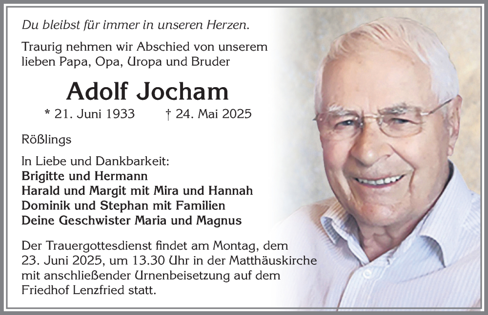 Traueranzeige von Adolf Jocham von Allgäuer Zeitung,Kempten
