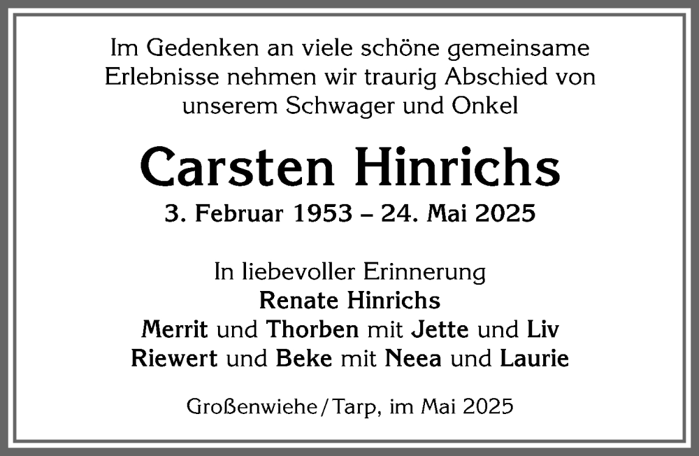 Traueranzeige von Carsten Hinrichs von Allgäuer Zeitung, Kaufbeuren/Buchloe