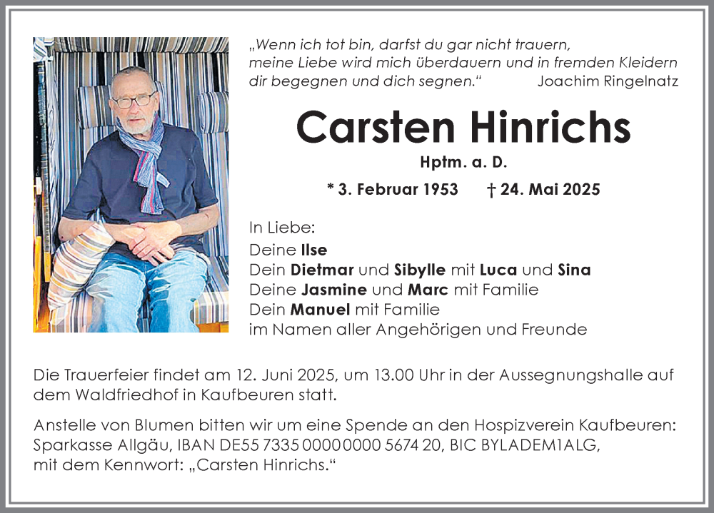 Traueranzeige von Carsten Hinrichs von Allgäuer Zeitung, Kaufbeuren/Buchloe