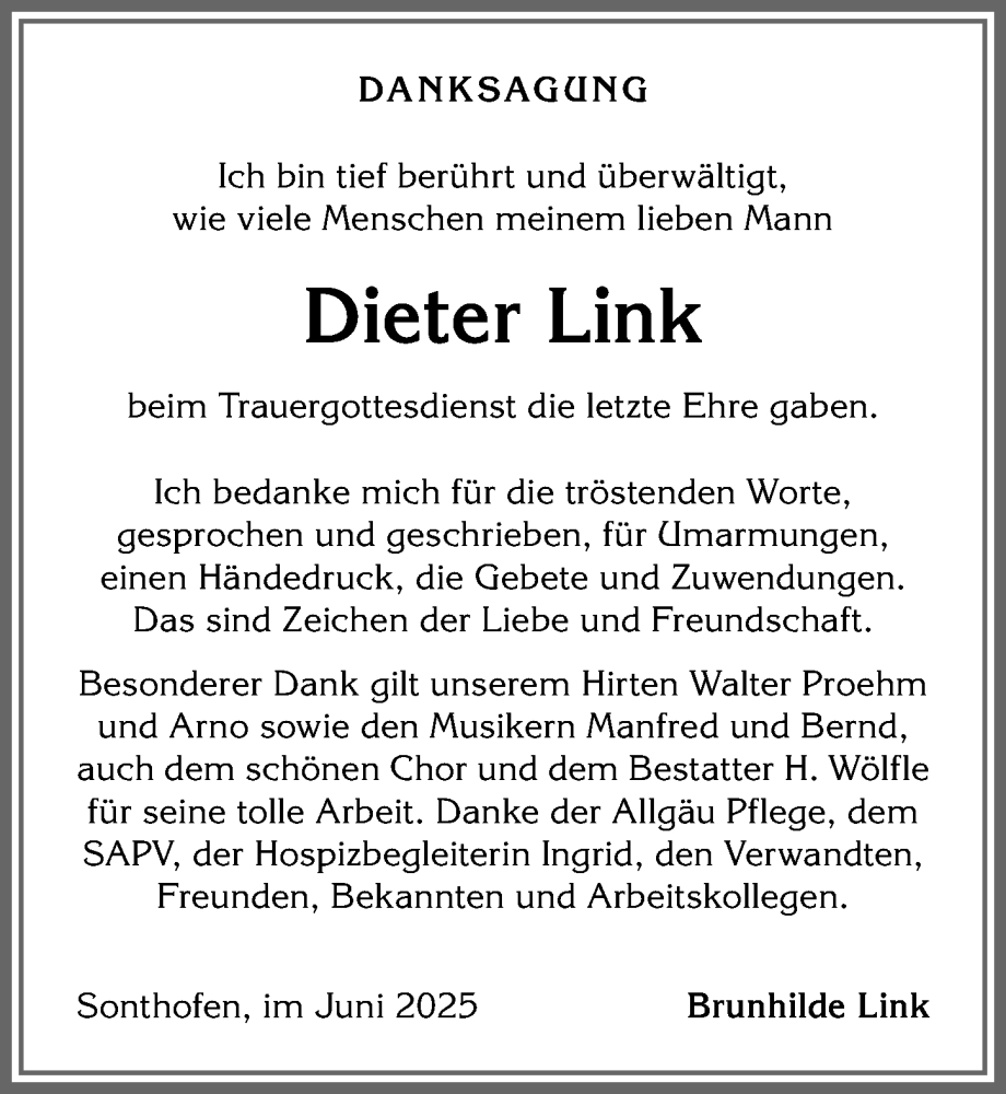 Traueranzeige von Dieter Link von Allgäuer Anzeigeblatt