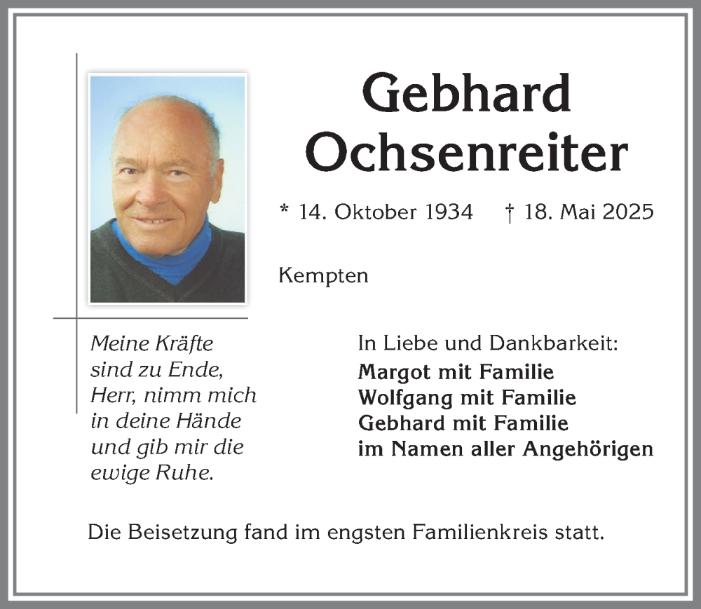 Traueranzeige von Gebhard Ochsenreiter von Allgäuer Zeitung,Kempten