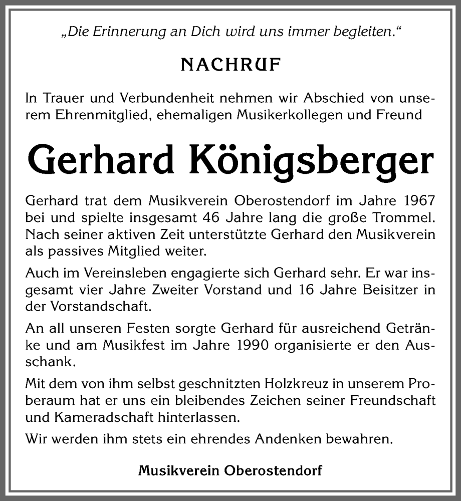 Traueranzeige von Gerhard Königsberger von Allgäuer Zeitung, Kaufbeuren/Buchloe