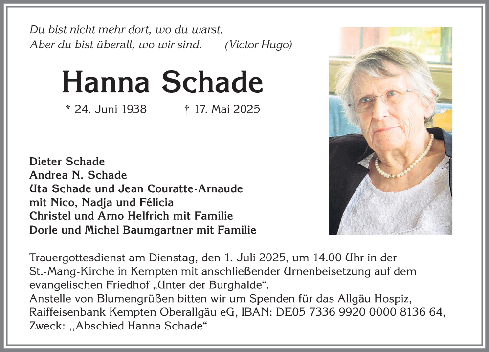 Traueranzeige von Hanna Schade von Allgäuer Zeitung,Kempten