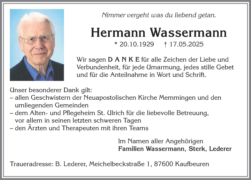 Traueranzeige von Hermann Wassermann von Memminger Zeitung