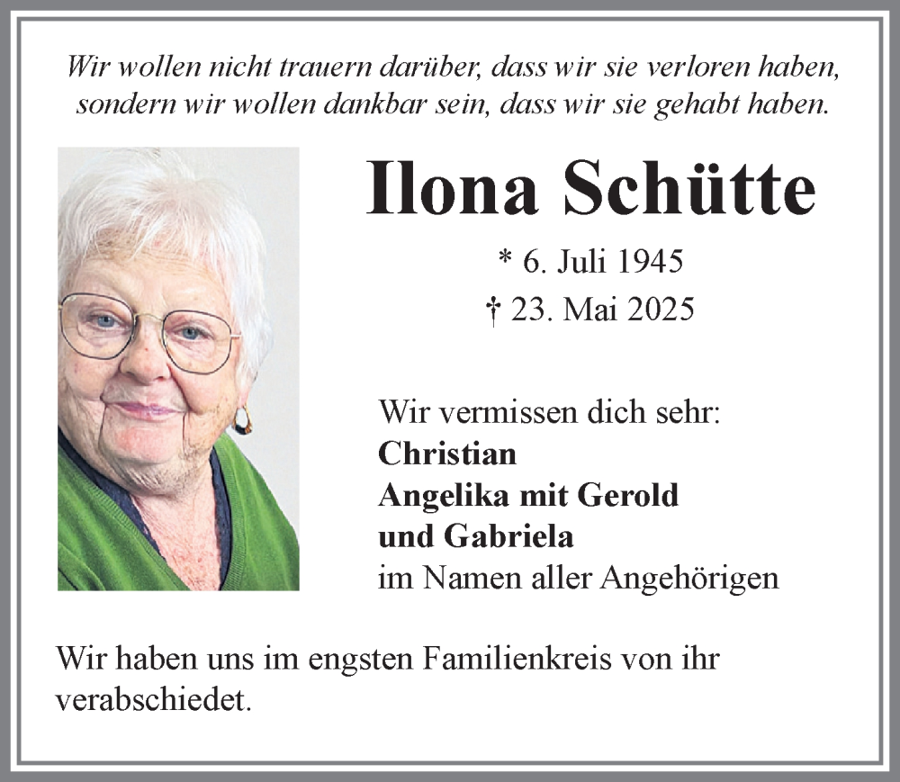 Traueranzeige von Ilona Schütte von Allgäuer Zeitung,Kempten