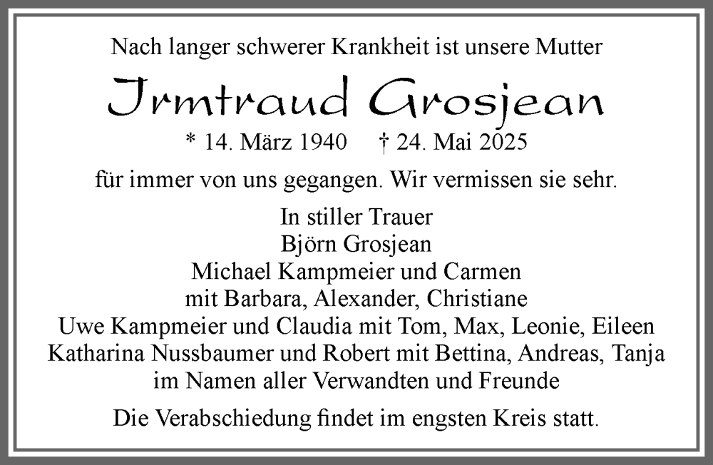 Traueranzeige von Irmtraud Grosjean von Allgäuer Zeitung, Marktoberdorf