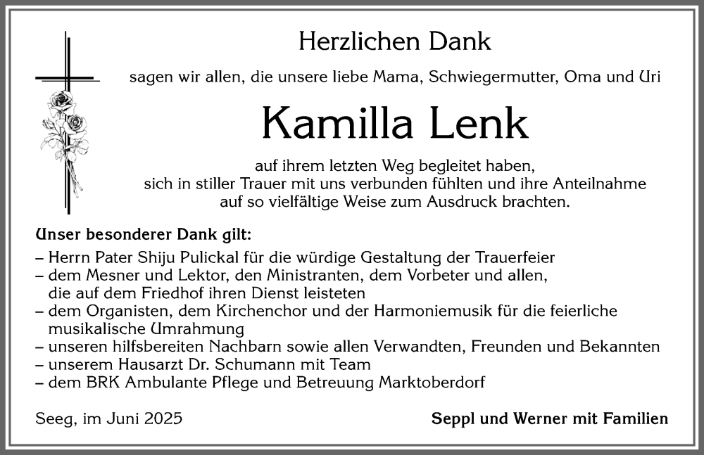 Traueranzeige von Kamilla Lenk von Allgäuer Zeitung, Füssen
