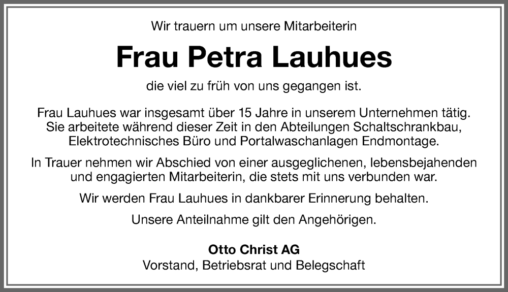 Traueranzeige von Petra Lauhues von Memminger Zeitung