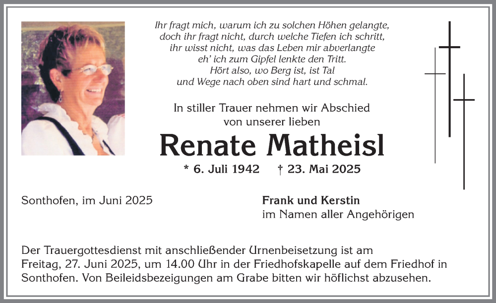 Traueranzeige von Renate Matheisl von Allgäuer Anzeigeblatt
