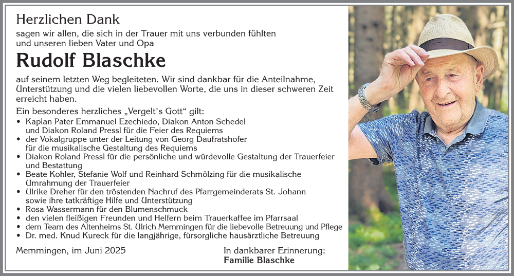 Traueranzeige von Rudolf Blaschke von Memminger Zeitung