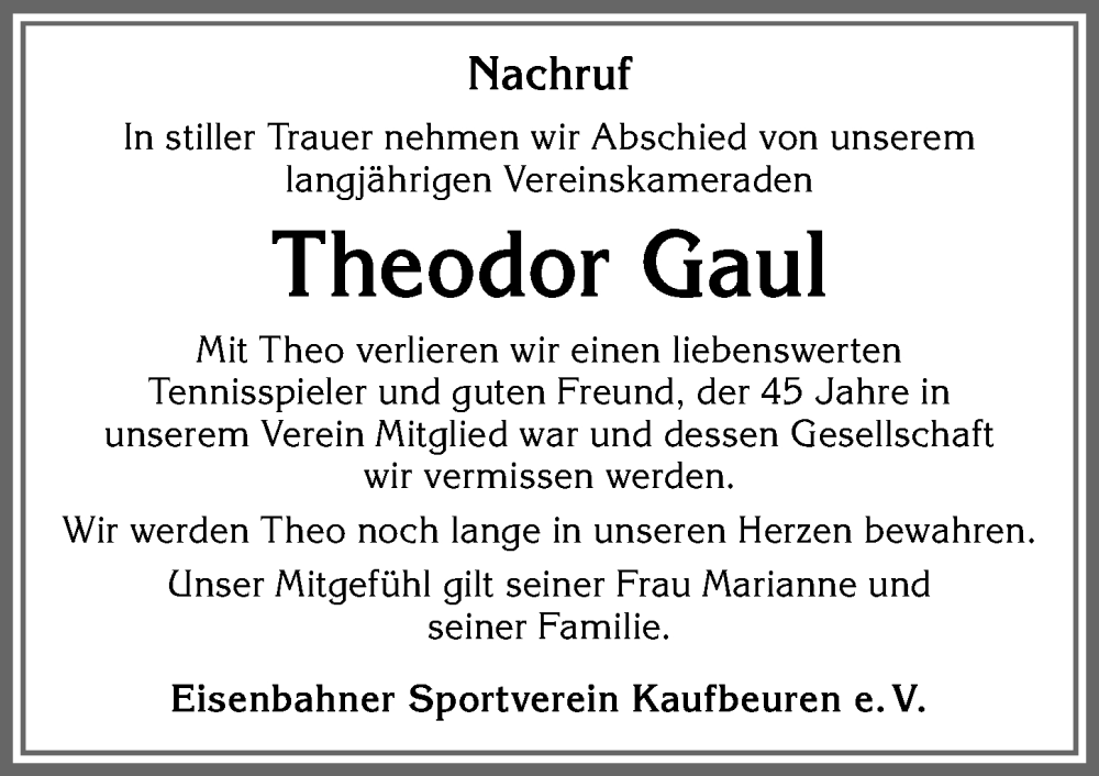 Traueranzeige von Theodor Gaul von Allgäuer Zeitung, Kaufbeuren/Buchloe