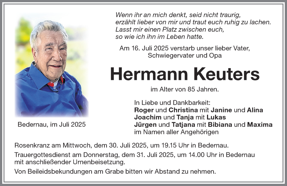  Traueranzeige für Hermann Keuters vom 29.07.2025 aus Augsburger Allgemeine, Mindelheimer Zeitung