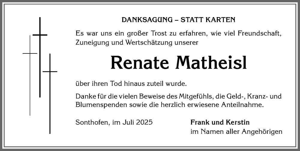 Traueranzeige von Renate Matheisl von Allgäuer Anzeigeblatt
