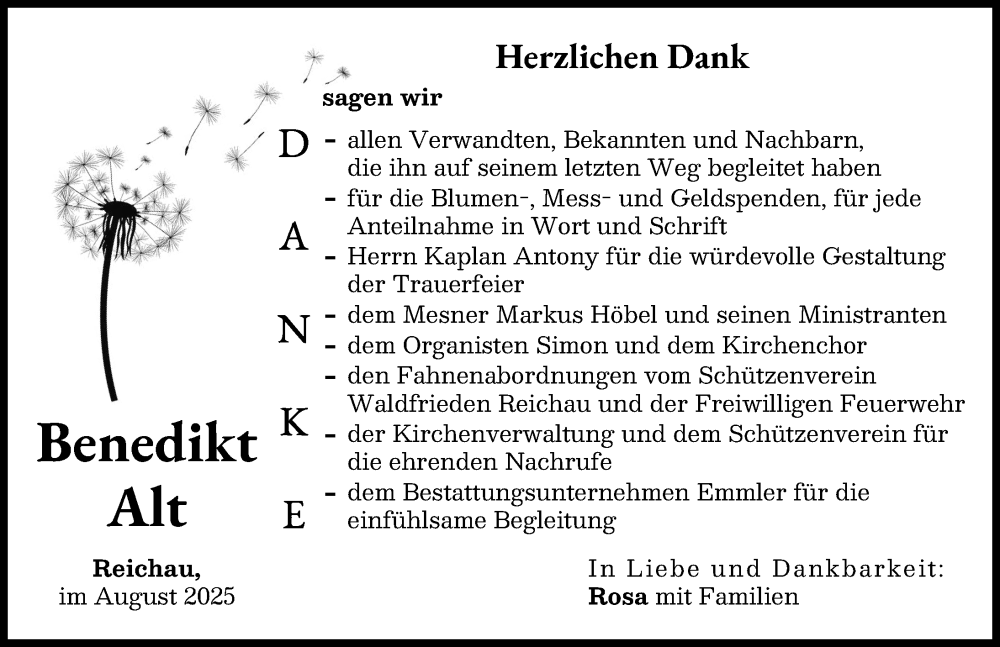  Traueranzeige für Benedikt Alt vom 23.08.2025 aus Illertisser Zeitung, Augsburger Allgemeine