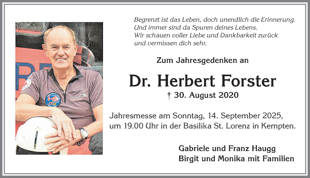  Traueranzeige für Herbert Forster vom 13.09.2025 aus Allgäuer Zeitung,Kempten
