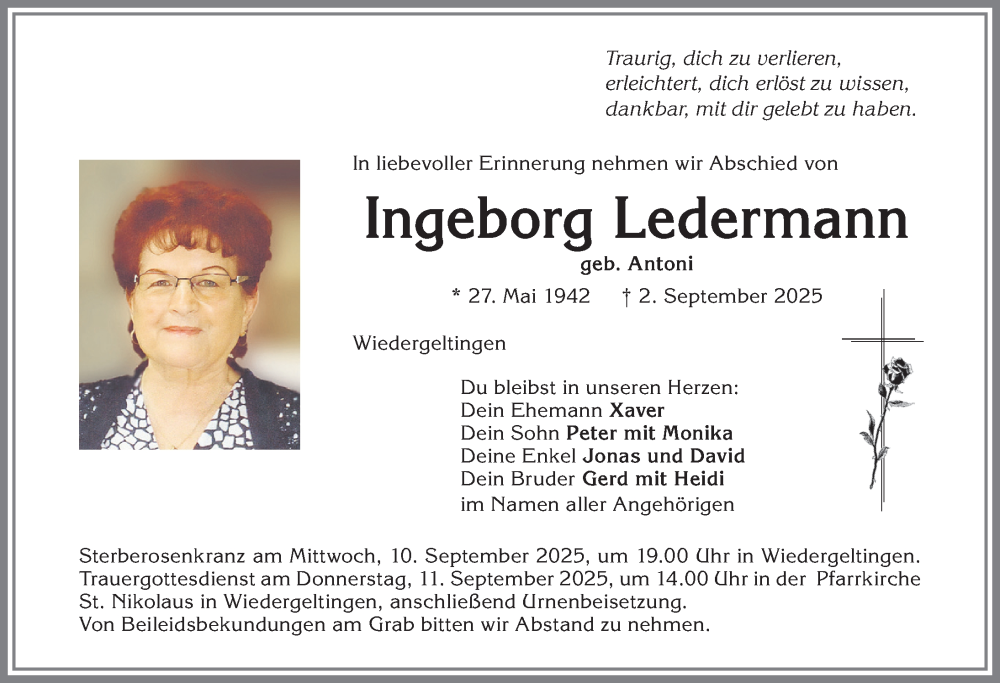  Traueranzeige für Ingeborg Ledermann vom 06.09.2025 aus Mindelheimer Zeitung, Augsburger Allgemeine