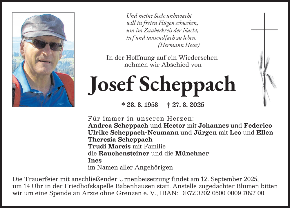  Traueranzeige für Josef Scheppach vom 09.09.2025 aus Illertisser Zeitung, Augsburger Allgemeine