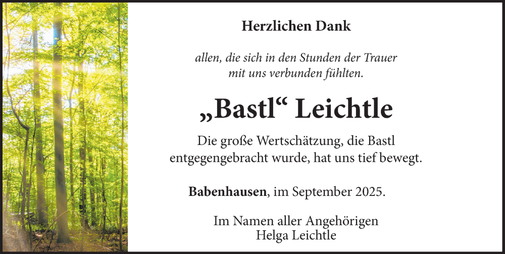  Traueranzeige für Leichtle  vom 13.09.2025 aus Illertisser Zeitung, Augsburger Allgemeine