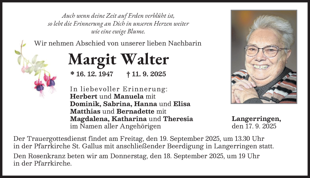Traueranzeige von Margit Walter von Schwabmünchner Allgemeine, Mindelheimer Zeitung, Augsburger Allgemeine
