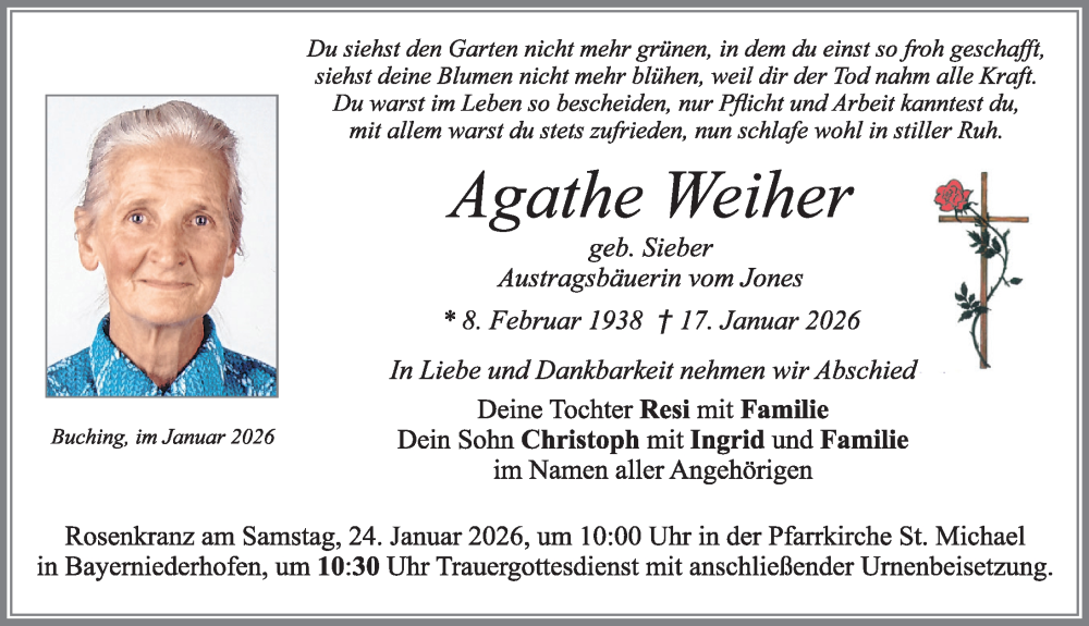 Traueranzeige von Agathe Weiher von Allgäuer Zeitung, Füssen