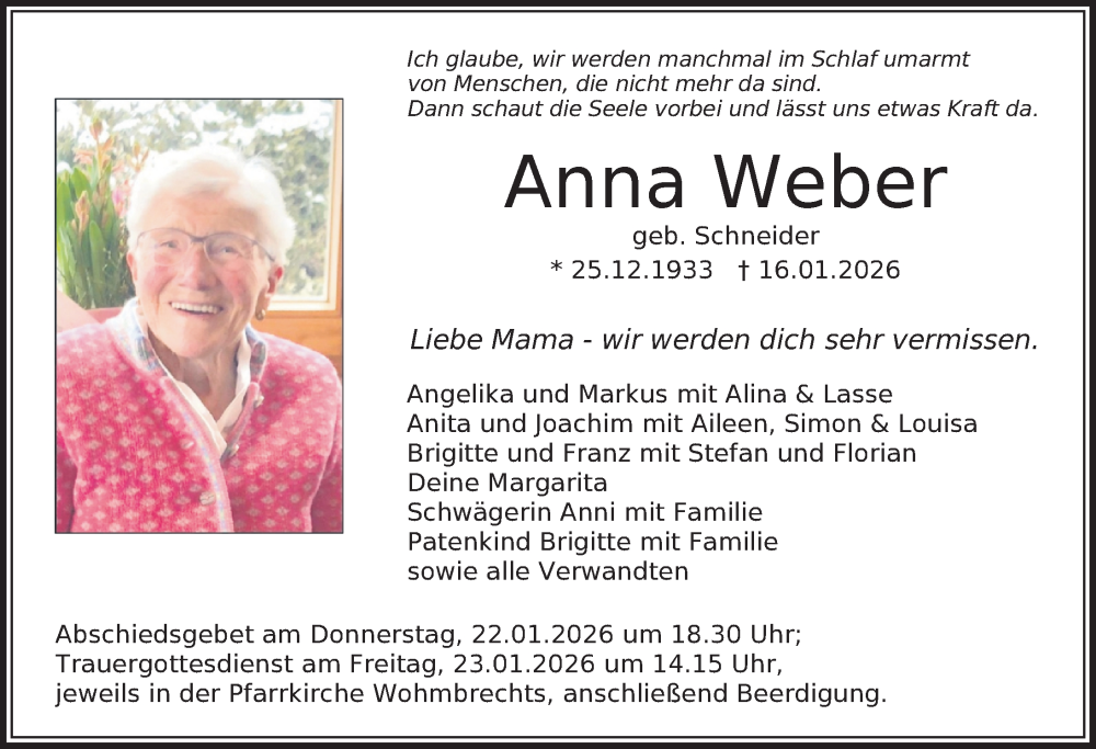 Traueranzeige von Anna Weber von Der Westallgäuer