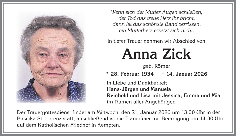 Traueranzeige von Anna Zick von Allgäuer Zeitung,Kempten