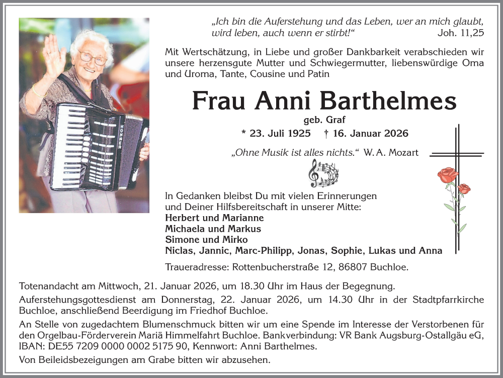 Traueranzeige von Anni Barthelmes von Allgäuer Zeitung, Kaufbeuren/Buchloe