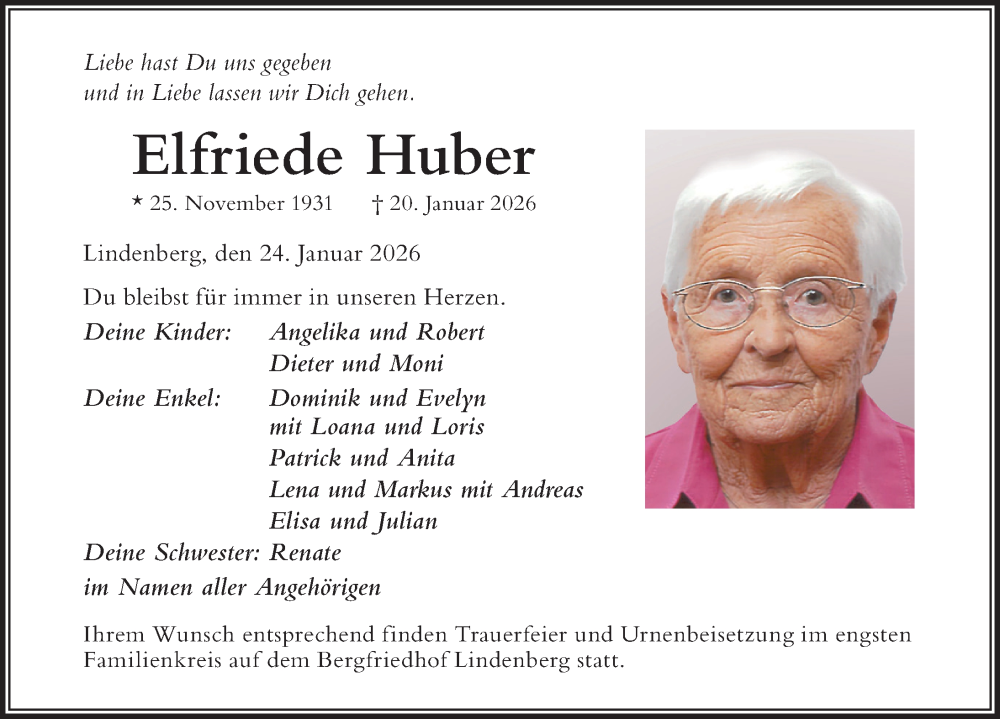 Traueranzeige von Elfriede Huber von Der Westallgäuer