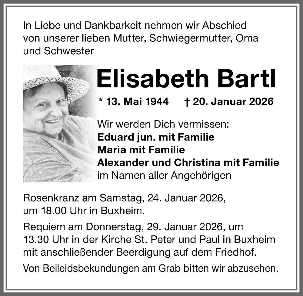 Traueranzeige von Elisabeth Bartl von Memminger Zeitung