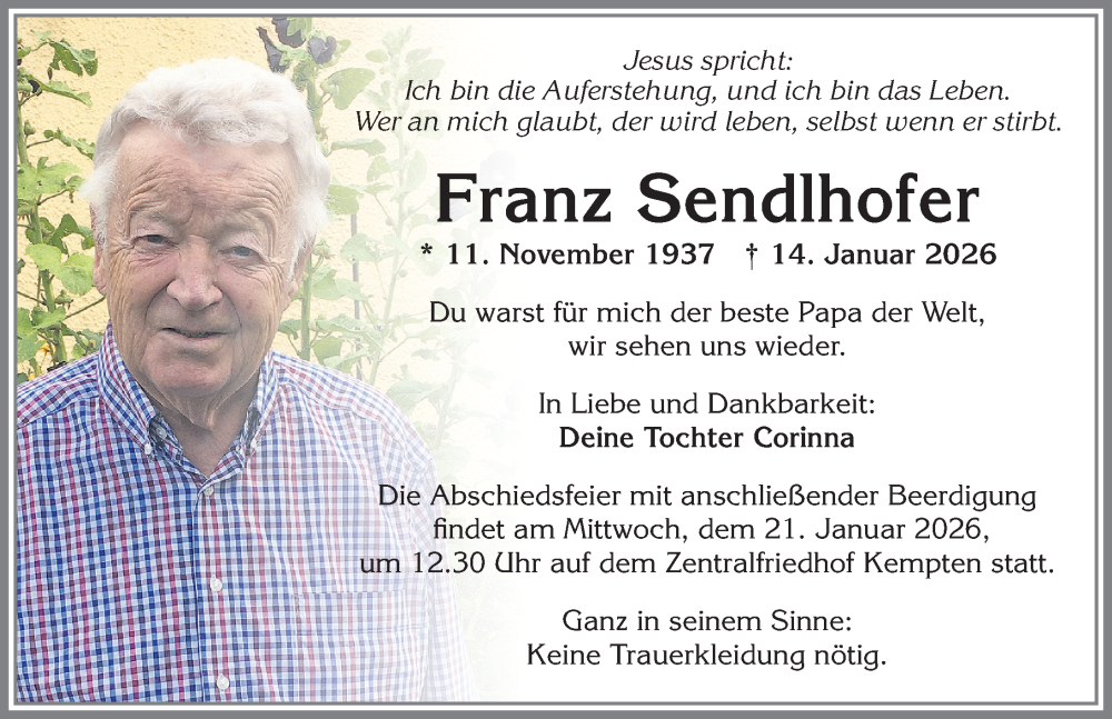 Traueranzeige von Franz Sendlhofer von Allgäuer Zeitung,Kempten