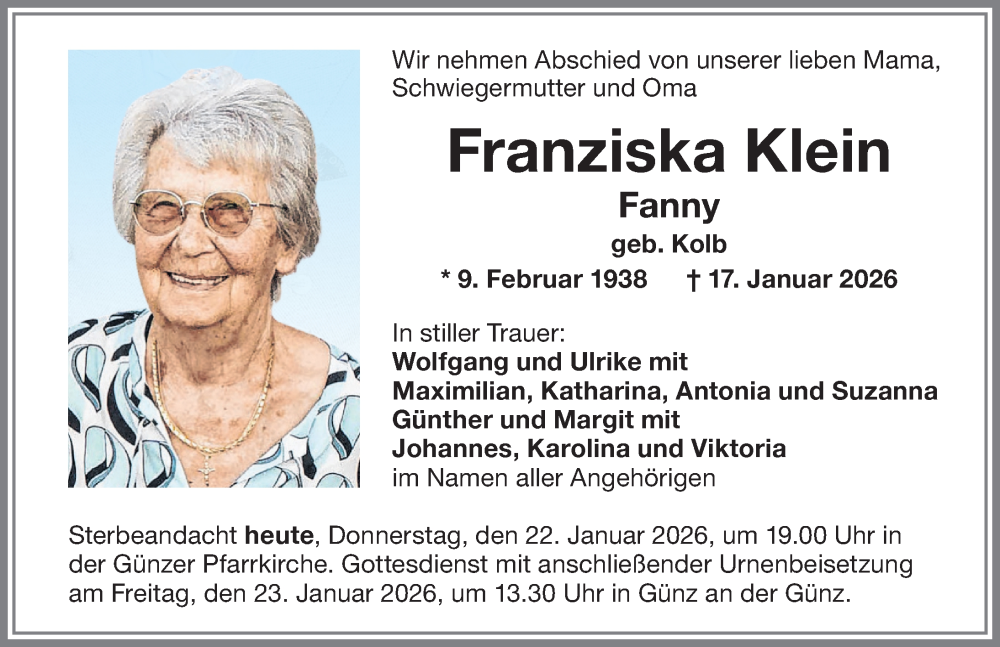 Traueranzeige von Franziska Klein von Memminger Zeitung