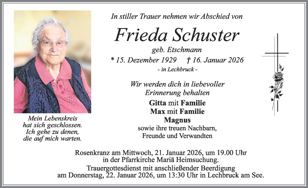 Traueranzeige von Frieda Schuster von Allgäuer Zeitung, Füssen