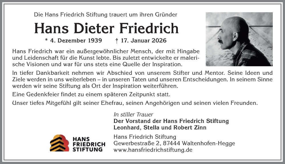 Traueranzeige von Hans Dieter Friedrich von Allgäuer Anzeigeblatt