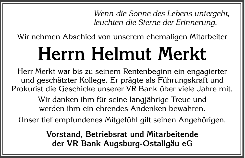  Traueranzeige für Helmut Merkt vom 03.01.2026 aus Allgäuer Zeitung, Kaufbeuren/Buchloe