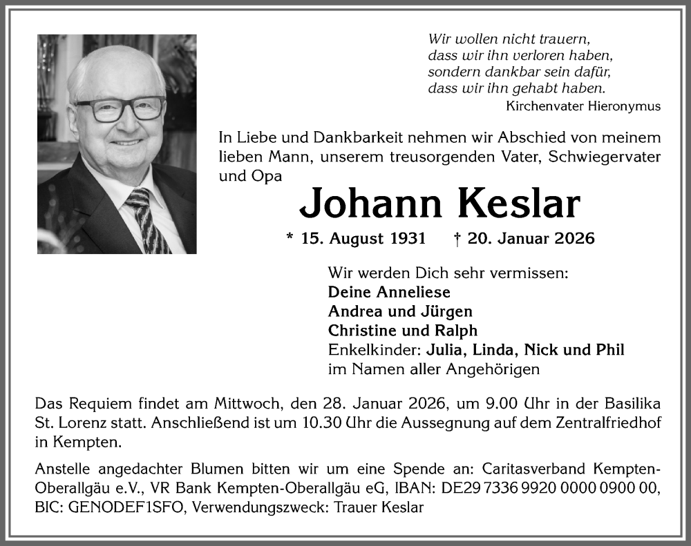 Traueranzeige von Johann Keslar von Allgäuer Zeitung, Kaufbeuren/Buchloe