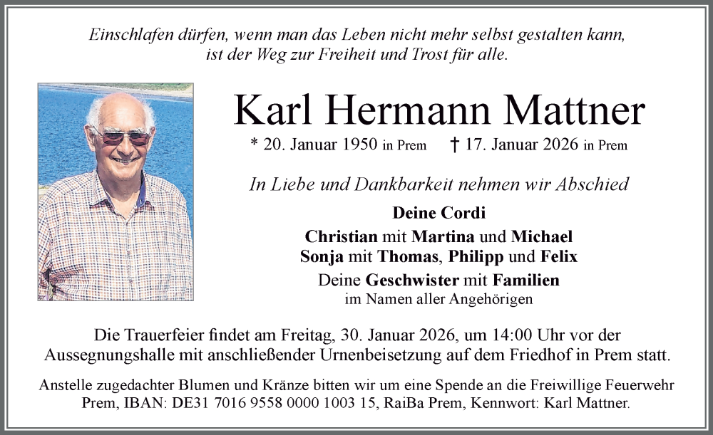 Traueranzeige von Karl Hermann Mattner von Allgäuer Zeitung, Füssen