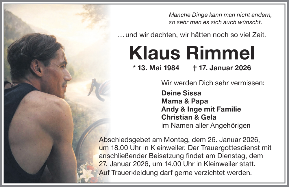 Traueranzeige von Klaus Rimmel von Allgäuer Anzeigeblatt