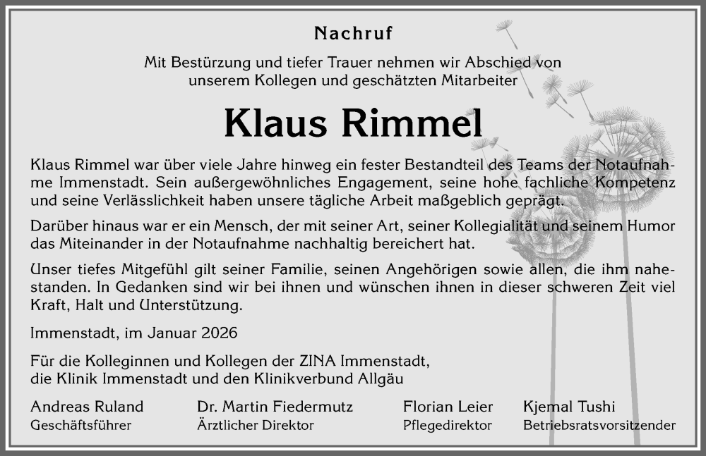 Traueranzeige von Klaus Rimmel von Allgäuer Anzeigeblatt