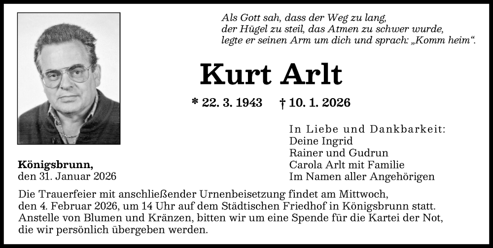  Traueranzeige für Kurt Arlt vom 31.01.2026 aus Augsburger Allgemeine
