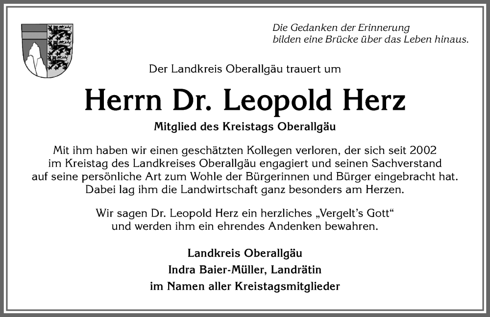 Traueranzeige von Leopold Herz von Allgäuer Anzeigeblatt