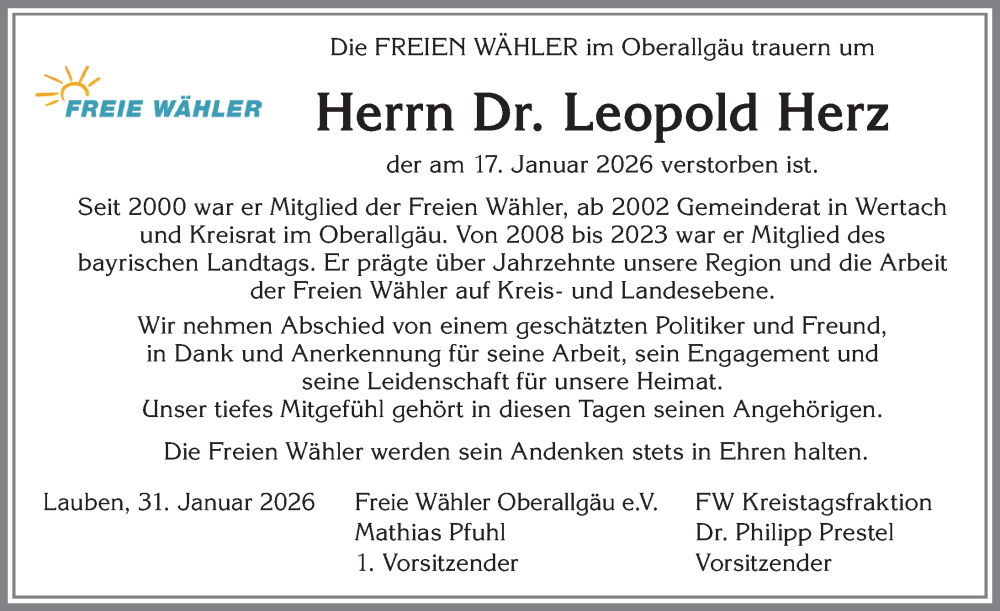 Traueranzeige von Leopold Herz von Allgäuer Zeitung,Kempten