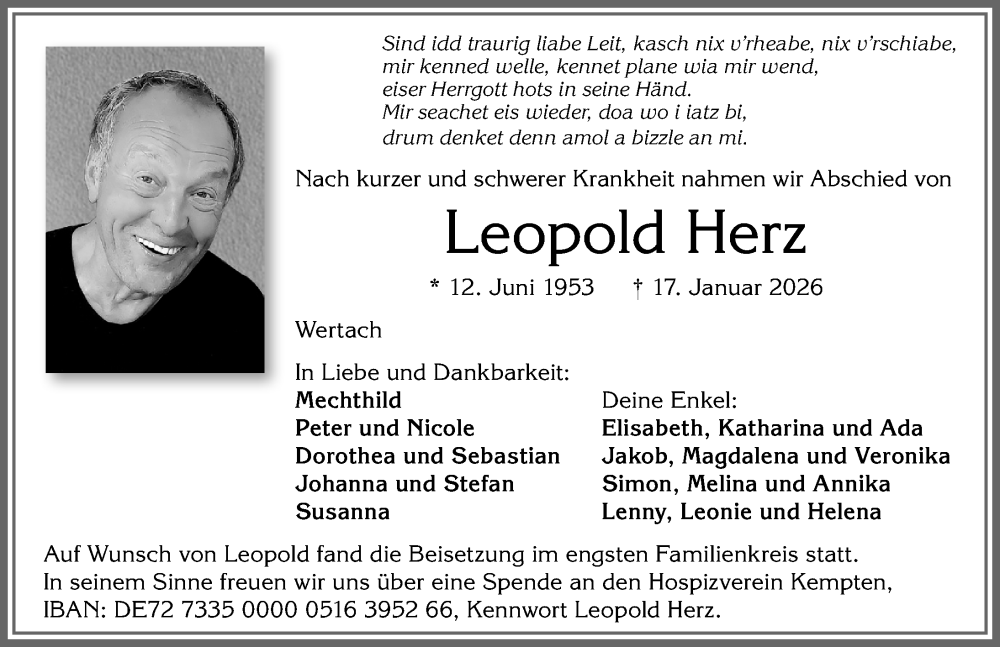 Traueranzeige von Leopold Herz von Allgäuer Zeitung, Gesamtausgabe
