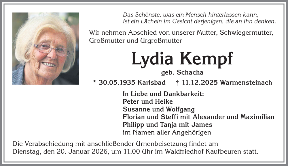  Traueranzeige für Lydia Kempf vom 14.01.2026 aus Allgäuer Zeitung, Kaufbeuren/Buchloe
