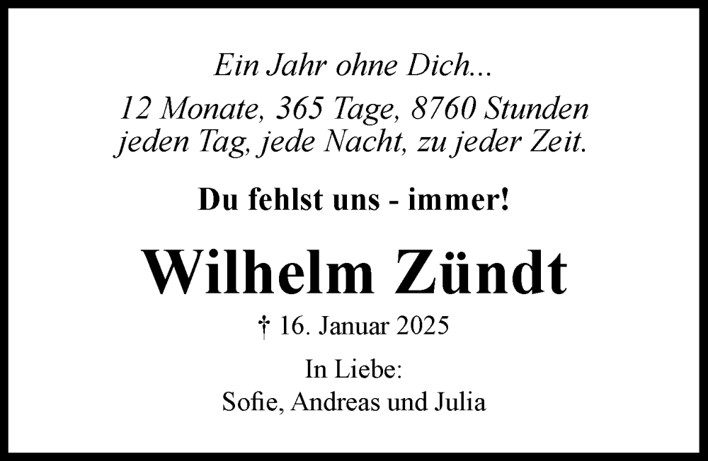  Traueranzeige für Wilhelm Zündt vom 16.01.2026 aus Augsburger Allgemeine, Mindelheimer Zeitung