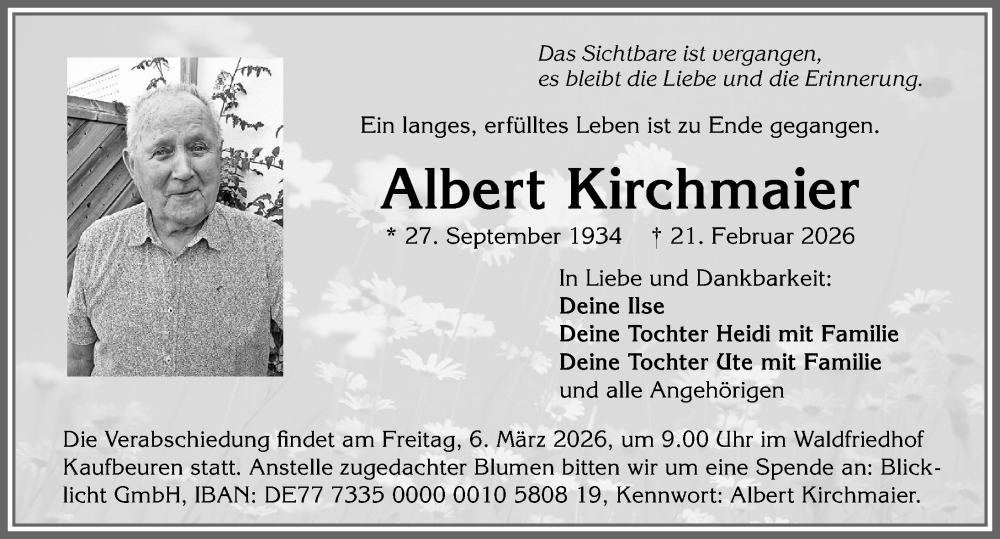 Traueranzeige von Albert Kirchmaier von Allgäuer Zeitung, Kaufbeuren/Buchloe