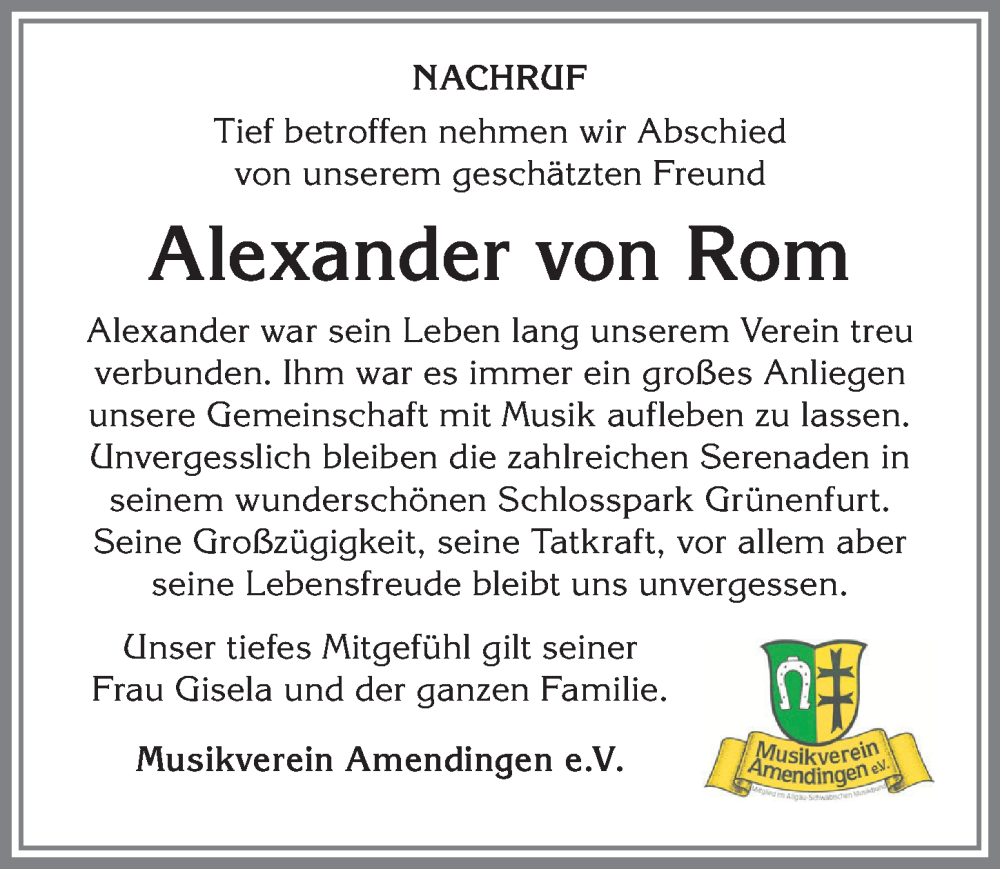 Traueranzeige von Alexander von Rom von Memminger Zeitung