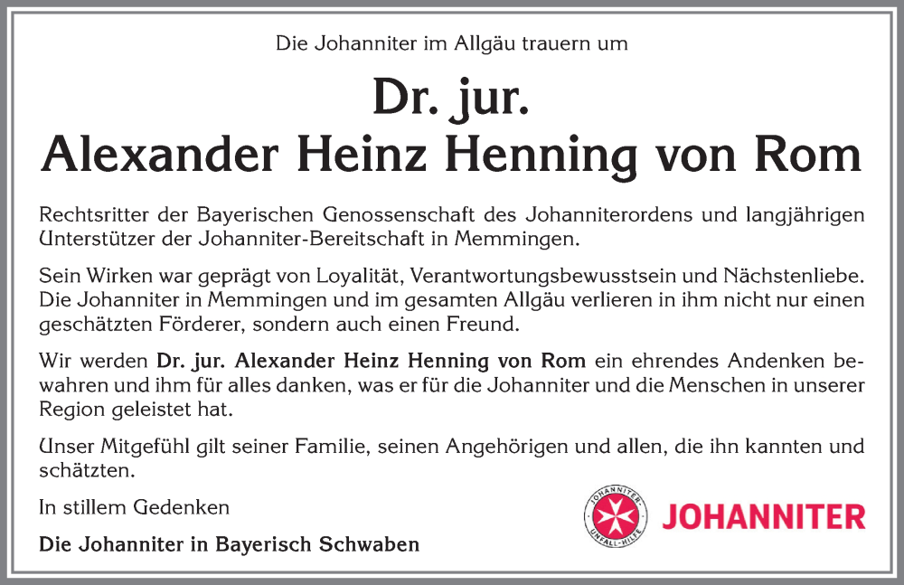 Traueranzeige von Alexander Heinz Henning von Rom von Memminger Zeitung
