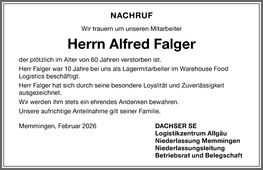 Traueranzeige von Alfred Falger von Memminger Zeitung