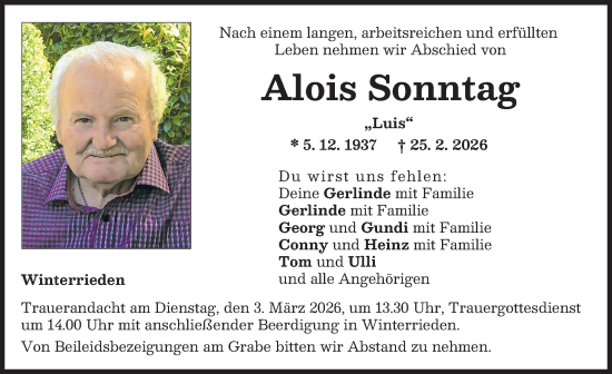 Traueranzeige von Alois Sonntag von Augsburger Allgemeine, Illertisser Zeitung